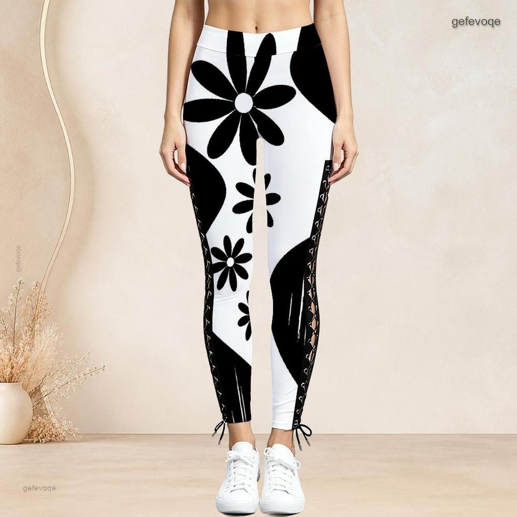 Women Plus Size High Waist Black White Striped Printed Side Eyelet Lace Up Full Length Leggings