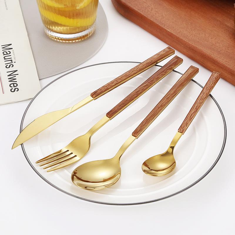 4 шт. Зеркальный столовый набор из нержавеющей стали, столовые приборы из дерева, посуда для ресторана, дома, кухни, отеля