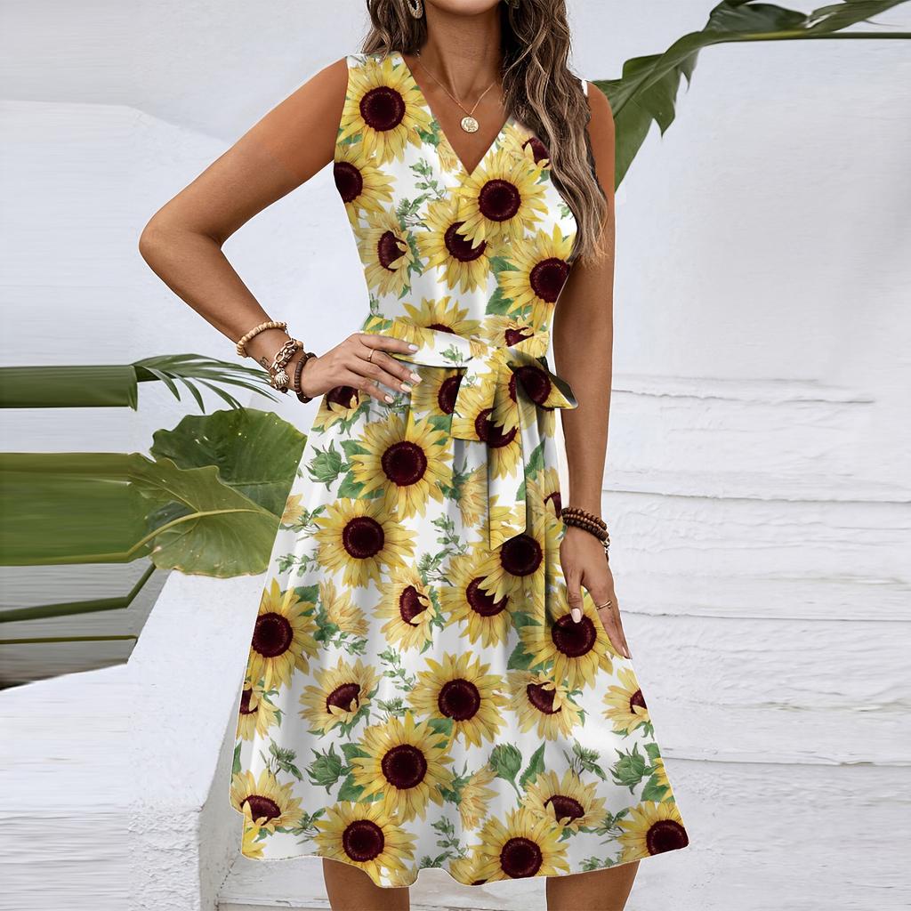 Женское весенне-летнее повседневное платье миди с V-образным вырезом без рукавов и цветочным принтом на талии