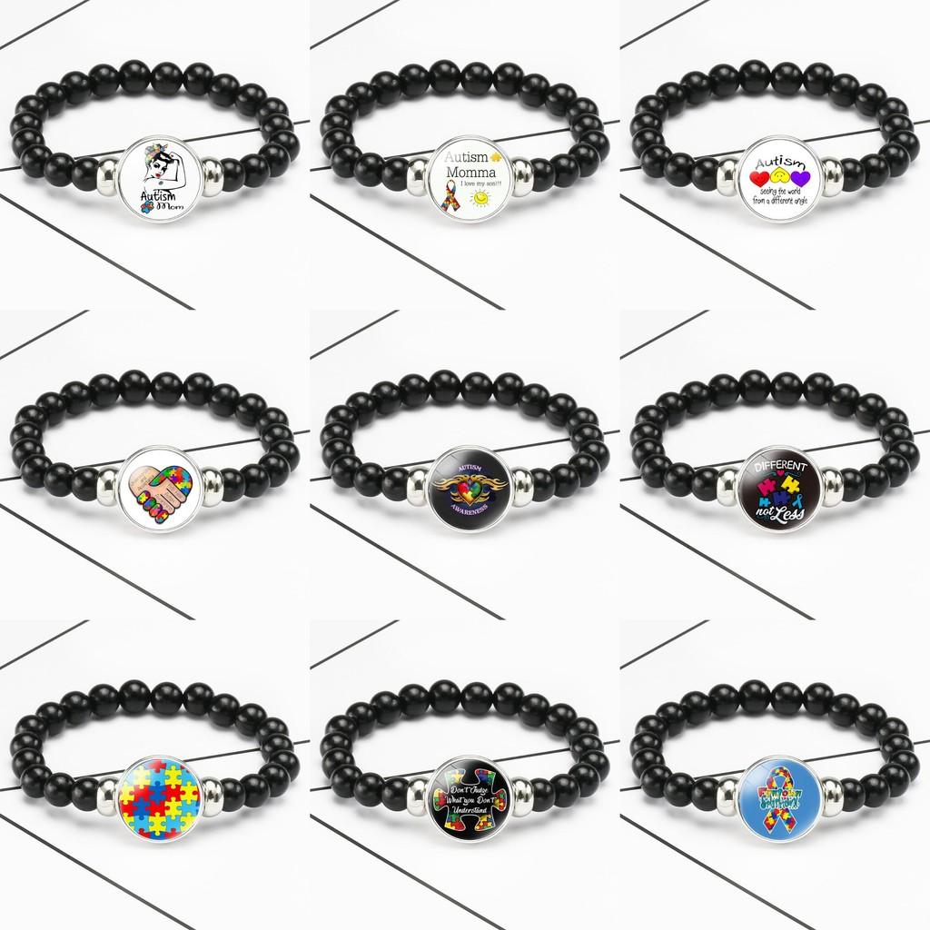 Men And Womens Beaded Bracelet Autism Awareness Black Stretch Cord
