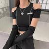 2KWEIRD Patchwork Black T-shirts Gothic Off Shoulder Sleeve Y2k Crop Tops Ruffles Hem Hip Hop Techwear Women Tees Fashion