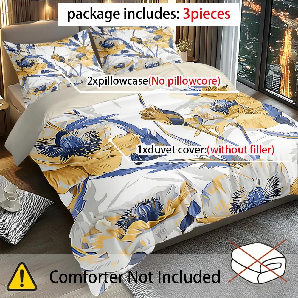 3pcs Blue and Yellow Floral Decoration Printed Quilt Set- Includes 1 Quilt Cover and 2 Pillow Cover (without Filler)