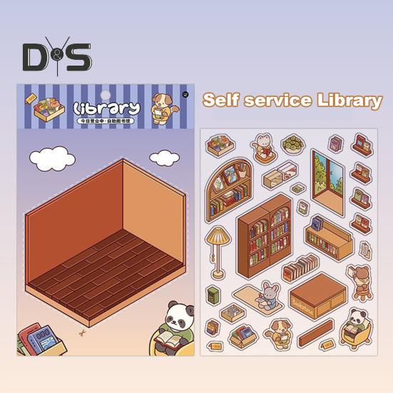 4 Set 3D DIY House Scene Stickers Stress Relief Decals Supermarket Coffee Shop Bookstore Sun Room Library Tear-resistant Surface Stickers