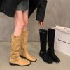 2025 Autumn Retro Tall Western Stretch Boots Women's Head Low Heel Boots Frosted Leather But Knee Boots