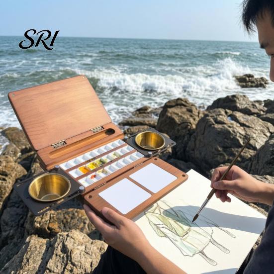 Beginner Watercolor Kit 24-Grid Palette Box, Travel Paint with Brush Cup Holders, Box Two Mixing Areas, Wooden Portable Paintbox for Painting Outdoor