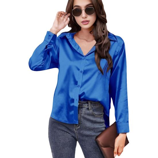 Женская рубашка с лацканами, длинным рукавом, из гладкого атласа, топы, однотонная, свободного кроя, повседневная рубашка, рубашка офисной леди, для повседневной носки