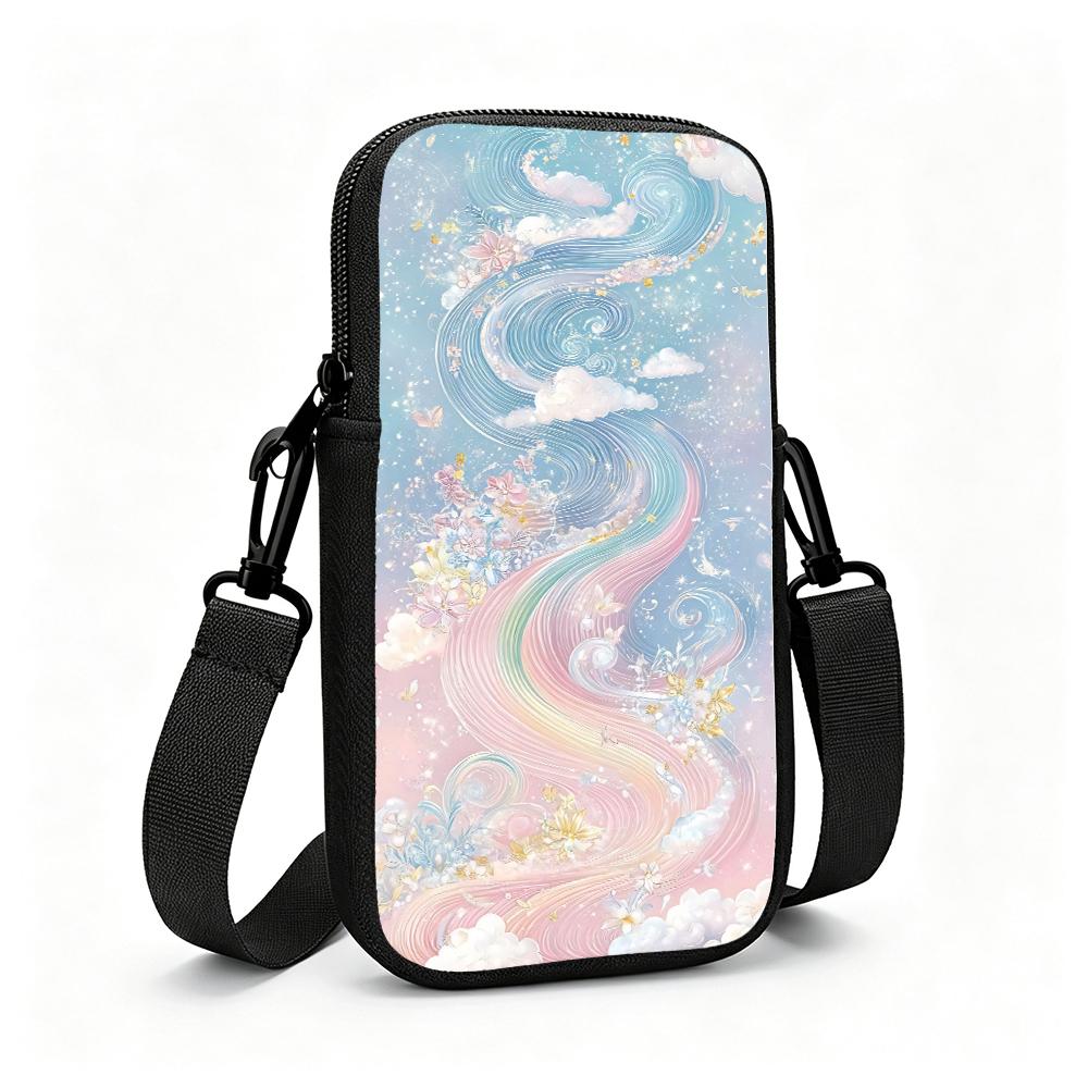 Dreamy Pastel Rainbow Cloud Floral Crossbody Phone Bag, Magical Sky Aesthetic Mini Shoulder Purse, Festive Holiday Party Gift Travel Accessories