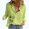 Women Fashion Floral Print Linen Top Casual Long Sleeve Buttoned Shirt Ladies Stand-collar Thin Blouse