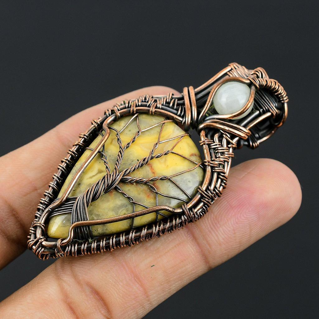 Crzay Lace Agate & Rainbow Moonstone 999 Copper Wire Wrapped Pendant Handmade Gemstone Jewelry, Gifts For Wife Brand New Pendant