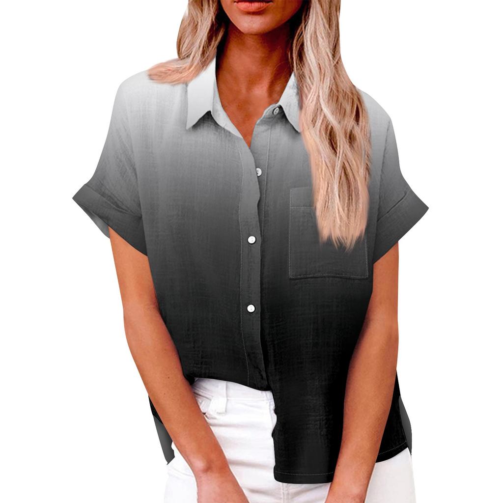 Женская свободная повседневная рубашка с короткими рукавами и пуговицами с градиентным принтом и карманами
