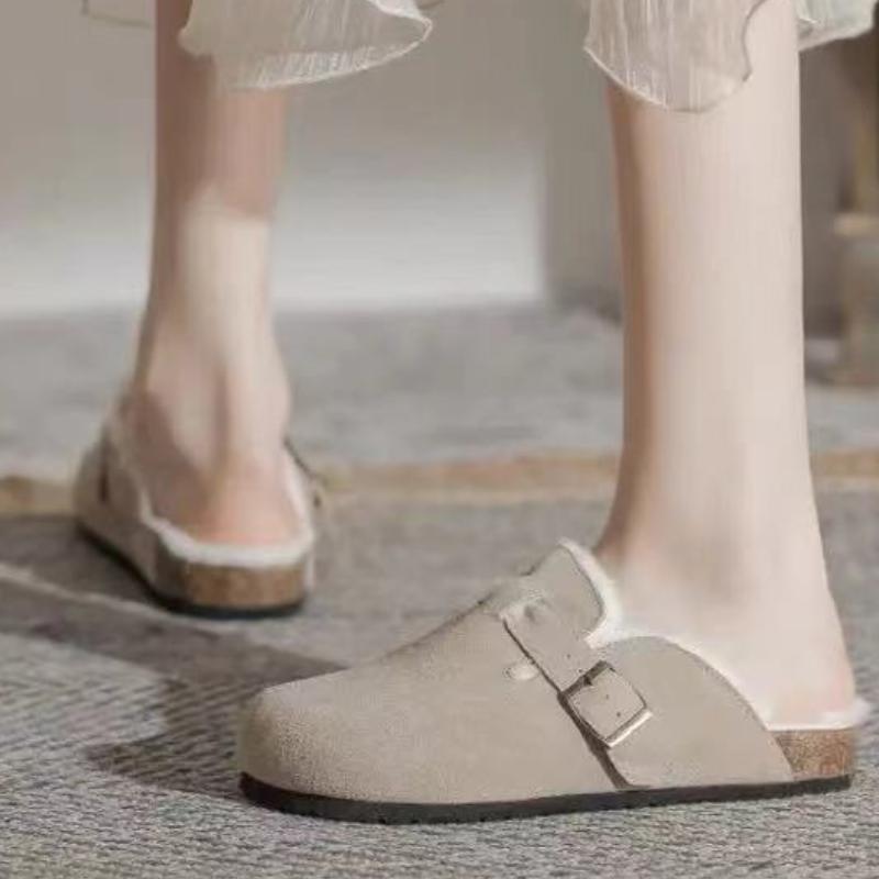 Женская обувь 2024 года, высококачественные зимние женские тапочки с круглым носком, сплошная пряжка из флока, плюшевые удобные плоские ретро-тапочки