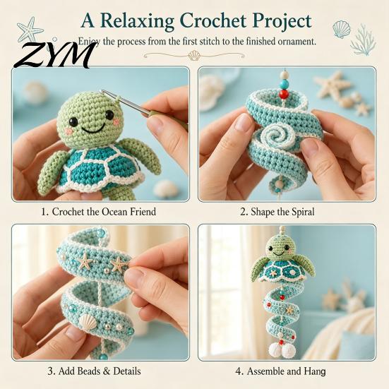 Handmade Keychains for Beginners Ocean Animal Spiral Crochet Kit, DIY Coastal Hanging Ornament Beginner Craft Educational Knitting Novices Kit
