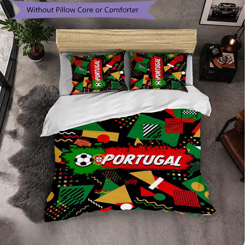 Portugal Football Pattern 3 Pieces Bedding Set Soft Microfiber Duvet Cover with Pillow Cases for Bedroom