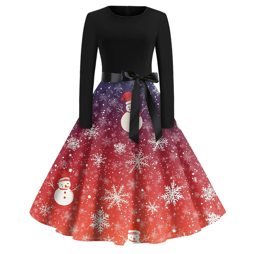 Женское винтажное классическое платье с длинным рукавом и рождественским принтом, свободное платье с круглым вырезом