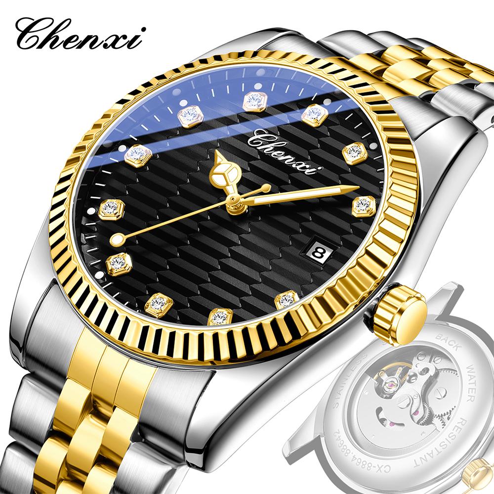 CHENXI Fully Automatic Mechanical Watch for Men Business Luxury Diamond Calendar Luminous Gold Steel Strap Man Watches