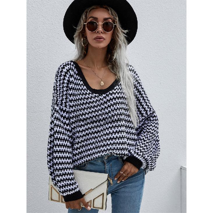 2024 Осень и зима Новый европейский и американский пуловер полосатый женский вязаный свитер круглый вырез свитер больших размеров