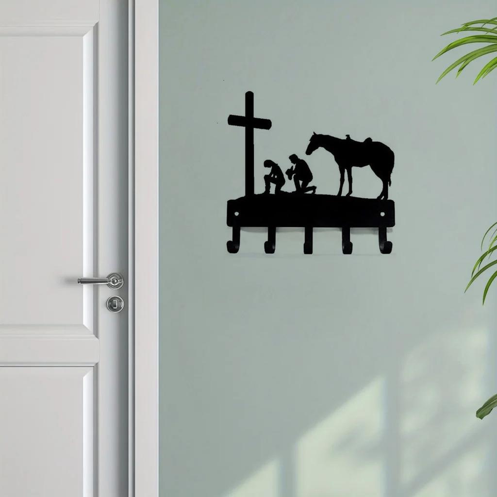 Cowboy Cowgirl At The Cross Wall Mounted Hook Up Pendant Wall Art Home Decor - Western Theme Metal Artwork for Stylish