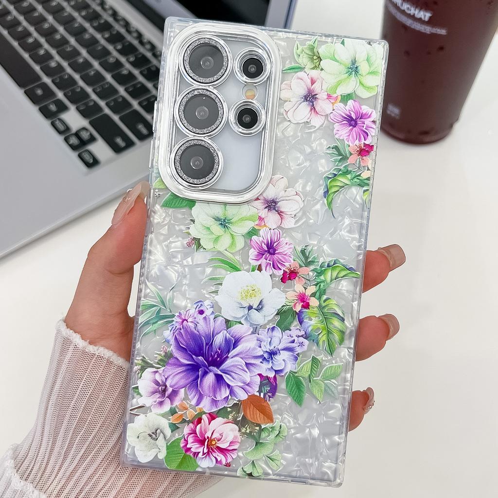 Samsung S25 Ultra Mobile Phone Case Laser Texture Flower and Grass Lens Film S24FE Bracelet A56 Electroplated Hard Shell