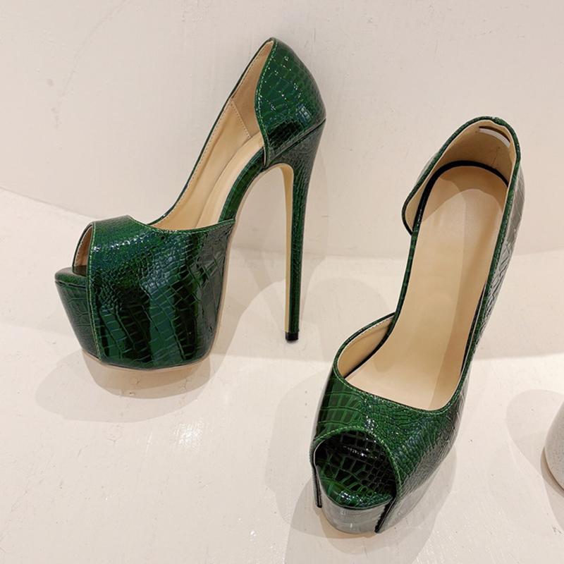 Liyke New Green Snake Print Leather Platform Pumps Women Sexy Slingback Peep Toe Extreme High Heels Strip Pole Dance Shoes