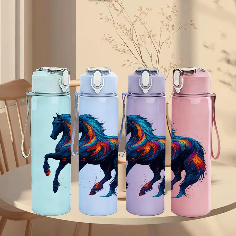 1PC Multicolor Running Horse Art Print 750ml Color Plastic Sports Water Bottle Leakproof Flip Straw Lid Suitable for Sports Office Home Use