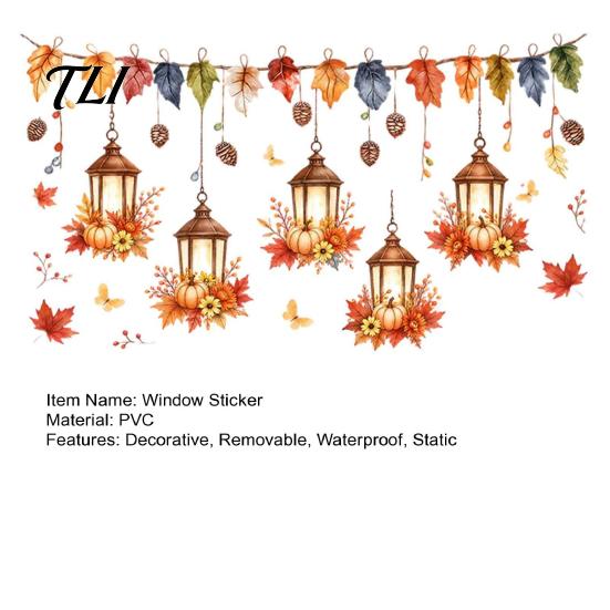Harvest Theme Wall Stickers Autumn Maple Leaf And Lantern Static Window Sticker, Double Sided PVC Waterproof Fall Home Decoration Decals, Removable