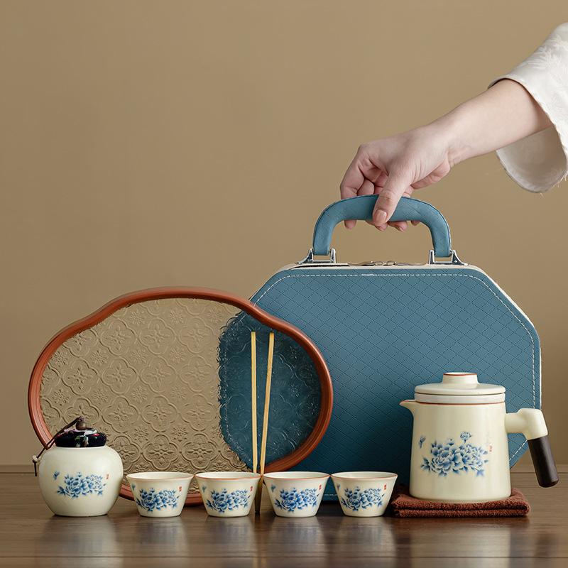 Light luxury travel tea set Huang Ruyao Guochao Peony set Kung Fu teapot Kuaike cup holiday gift opening