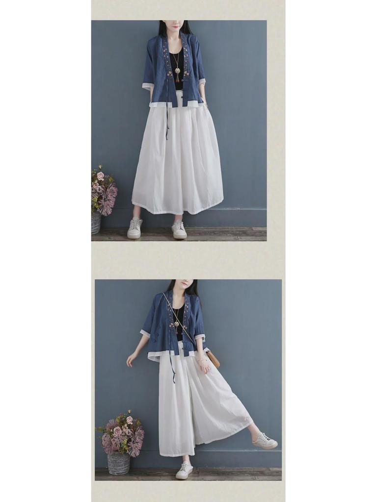 Хлопковая рубашка в китайском стиле в стиле ретро: Женский кардиган из двух частей со средним рукавом и косым воротником