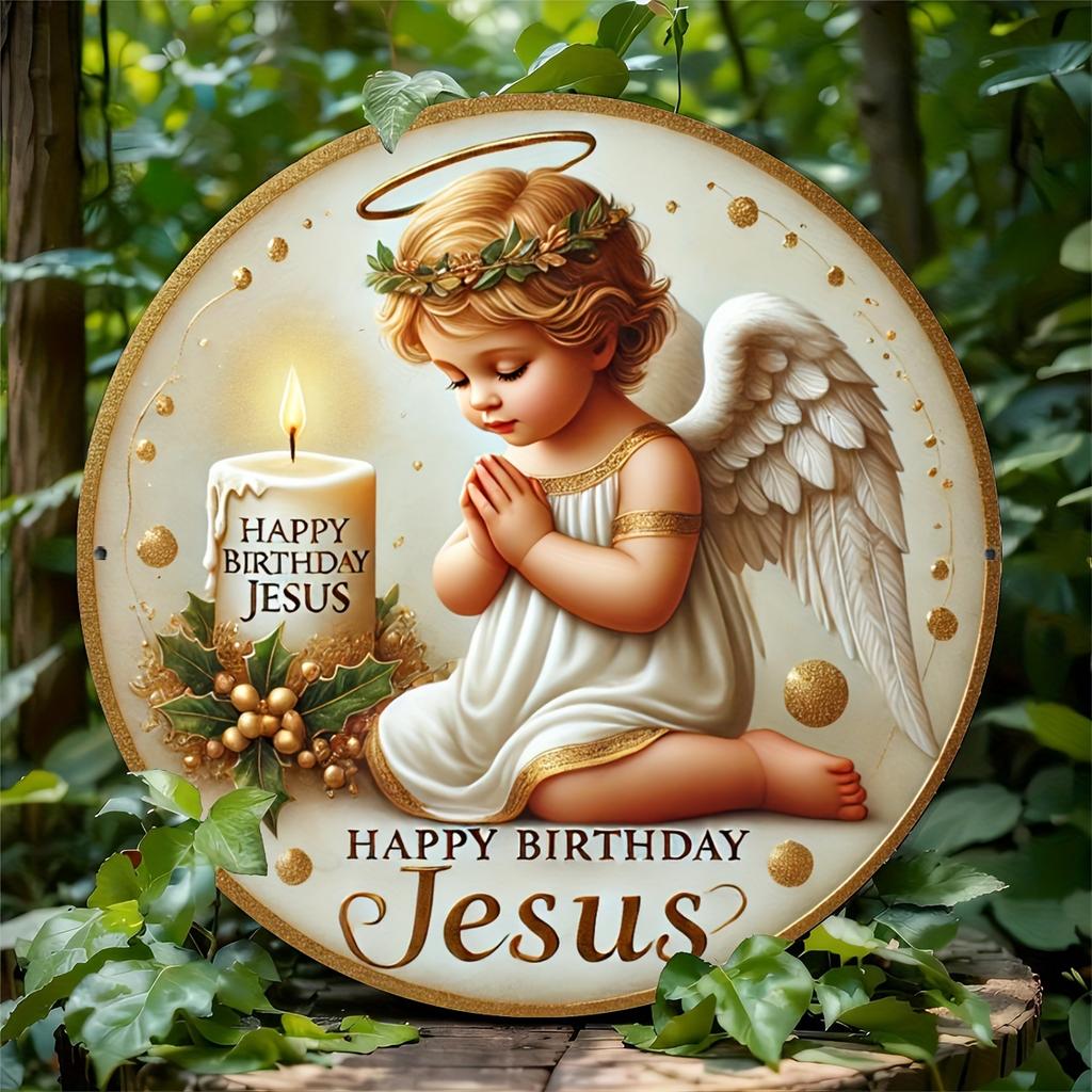 Wooden 1pc Angel Theme "Happy Birthday Jesus" Round 2D Flat Wooden Sign - Wood Decorative Plaque for Door, Wall, Home, Room, Farmhouse, Street, Garage