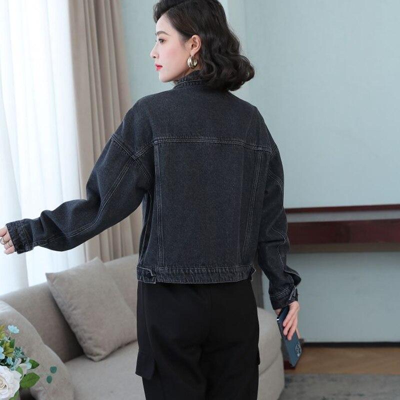Solid Black Turn Down Collar Tops Women Loose Jeans Jacket With Pocket Korean Fashion Denim Jackets Autumn Casual Clothes 29276