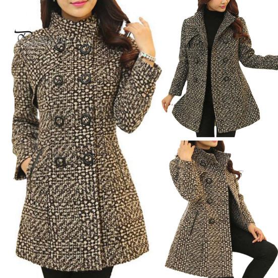 Midi Length Women Winter Coat Thick Plaid Print Double-breasted Turn-down Collar Overcoat Keep Warm Buttons Long Sleeves Mother for Work