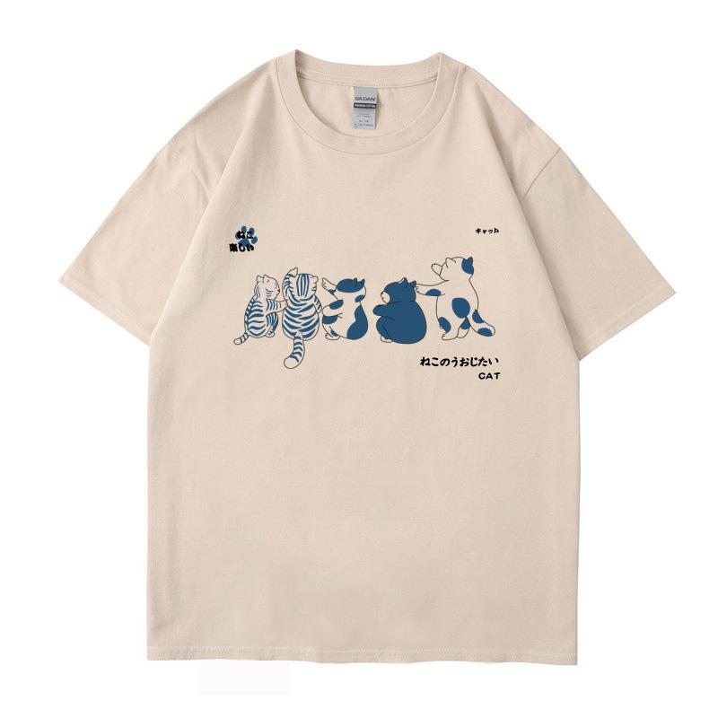 Рубашка с коротким рукавом, мужская, с рисунком кошки, летние, свободные и универсальные, студенческие футболки