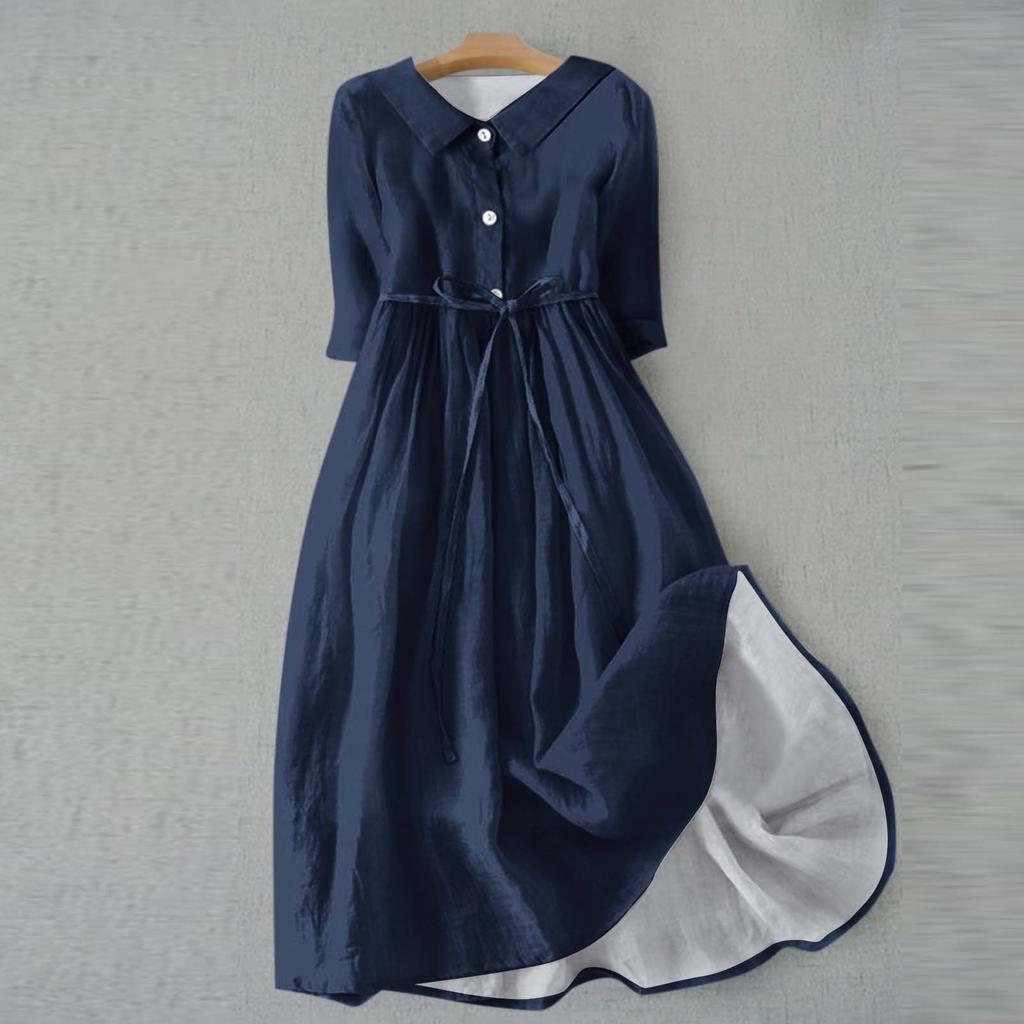 Женская мода повседневное однотонное платье с воротником с лацканами и рукавами 3/4 на бретелях