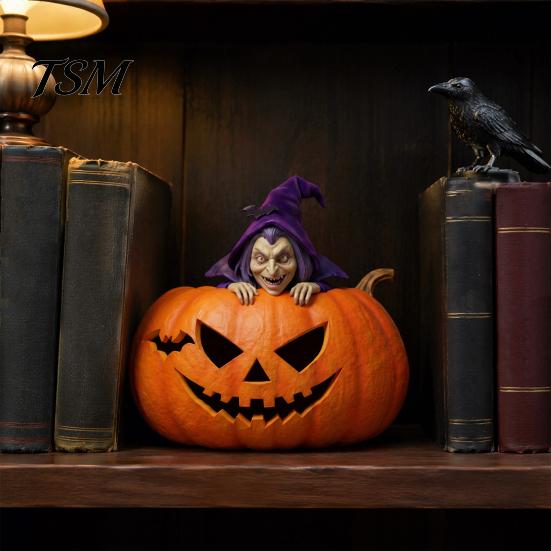 Vintage Halloween Decor Resin Pumpkin Witch Figurine, Spooky Bat Detailed Tabletop Decor, Stable Ornaments Base Mini Statue for Window Showcase