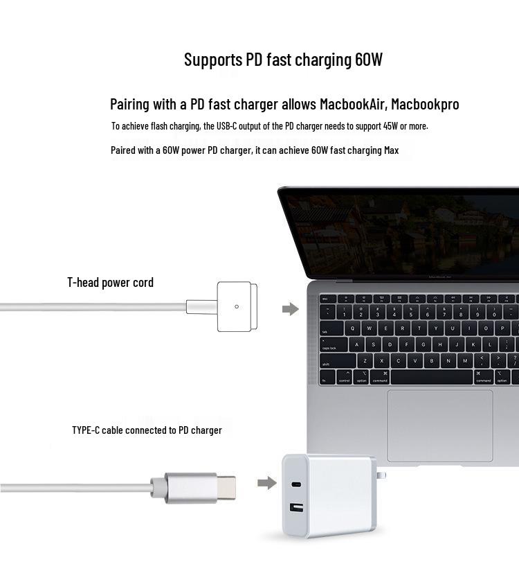 USB-C To MagSafe 2/3 Magnetic Laptop Charging Cable with T-Head for Fast PD Charging