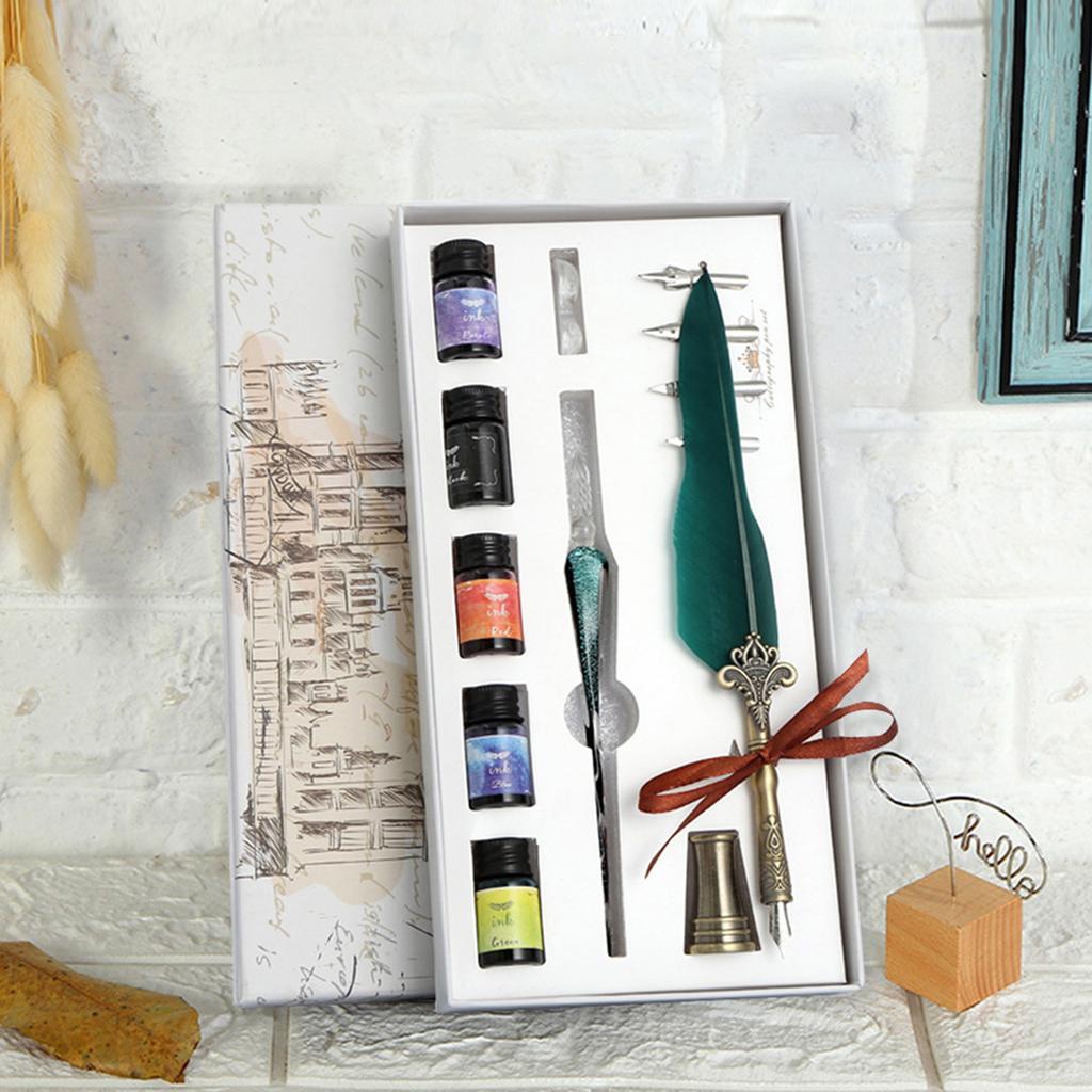 Crystal Dip Pen Feather Set Manual Gradient Color Writing Ink Pen Student Stationery Quill 17ml