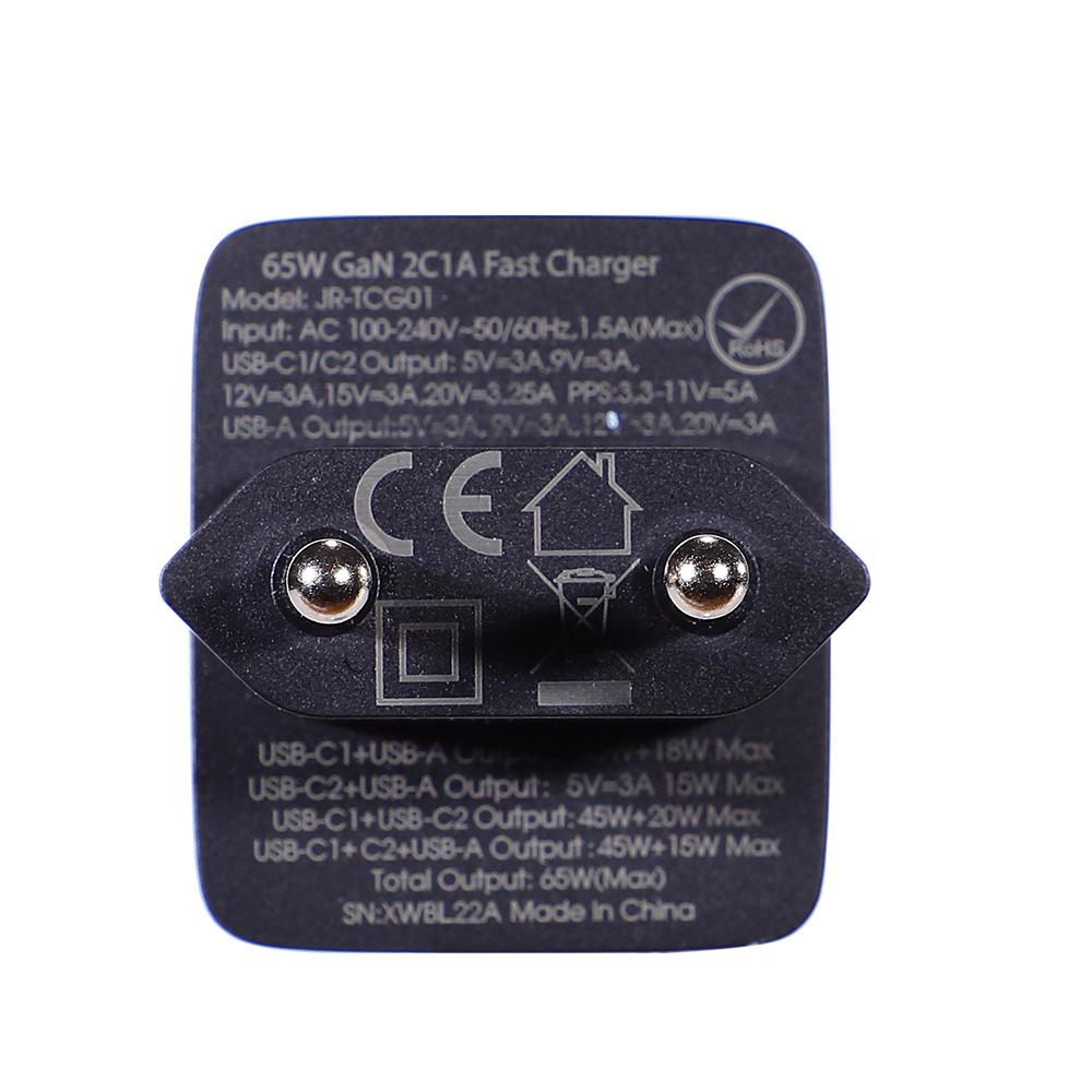 Joyroom 65W GaN Triple-Port Fast Charger with Dual USB-C & USB-A, Includes 100W USB-C Cable (1.2m, Black)