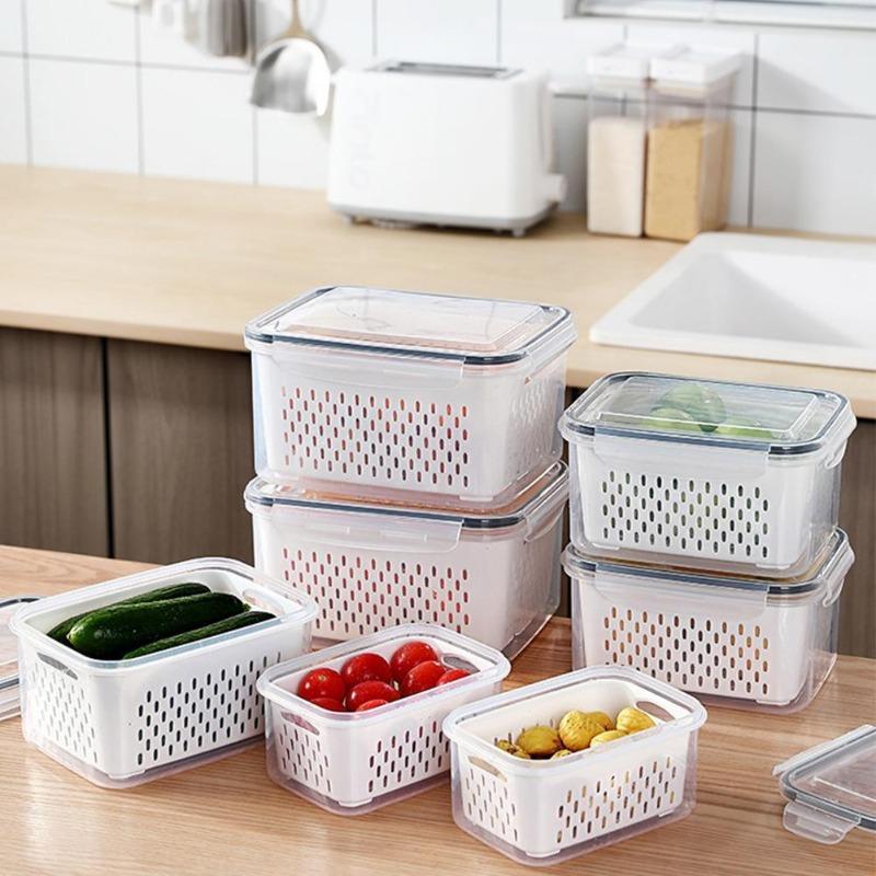Fridge Storage Box Refrigerator Fresh Vegetable Fruit Boxes Drain Basket Storage Containers with Lid Kitchen Tools Organizer