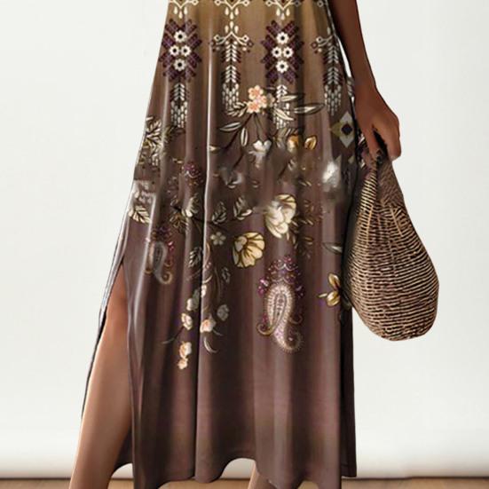 Women Summer Dress V Neck Colorful Print Side Split Loose A-line Short Sleeves Ankle Length Retro Ethnic Style Soft Beach Vacation Maxi Dress