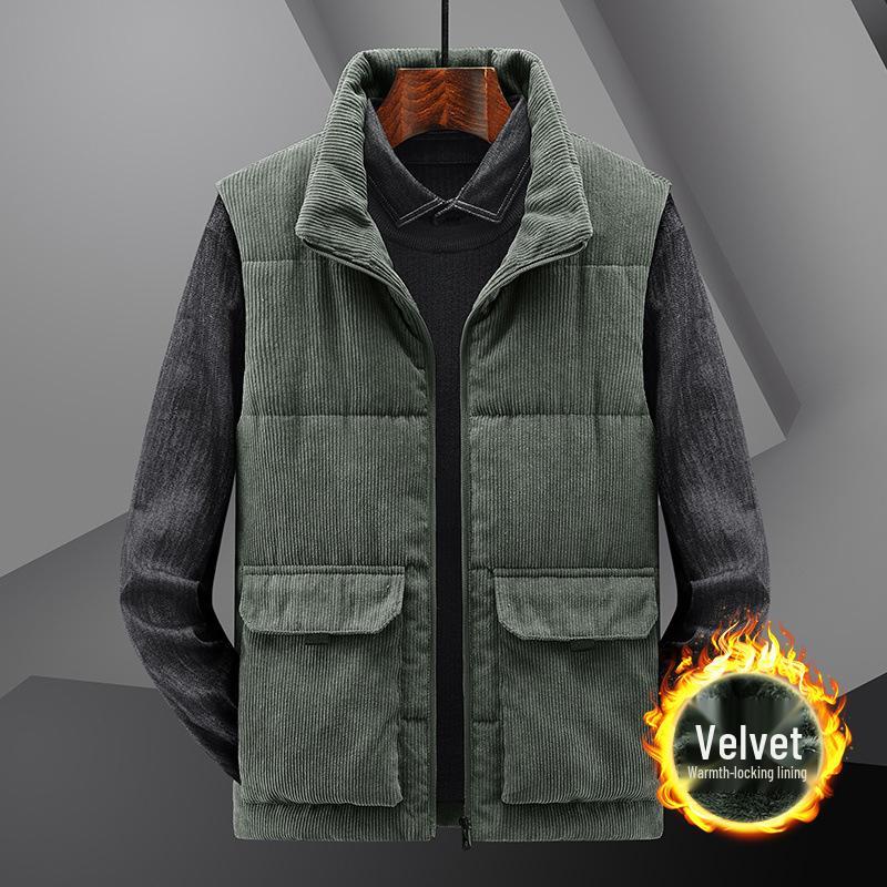 Мужской зимний вельветовый жилет на флисовой подкладке - Толстый, большого размера, со стойкой, безрукавная куртка с многокарманным дизайном.