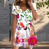 Summer Fashion Women's V Neck Short Sleeve Flowers and Butterflies Printed  Dress Sex Short Skirt Dresses