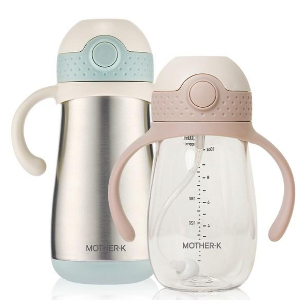 Mother K Infant Hug Weight Straw Cup 300ml + Insulated Straw Cup 350ml Set, Pink Beige (weight Straw Cup), Mint (thermal Straw Cup), 1 Set