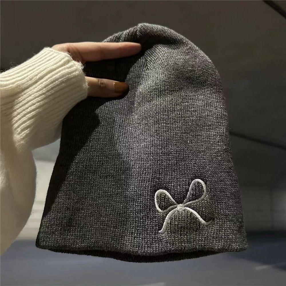 Wool Knit Cap Warm Beanies Cute Embroidery Bow Knitted Hat Girls