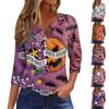 Women's V-Neck Button Halloween Three-quarter Sleeve T-Shirt Top
