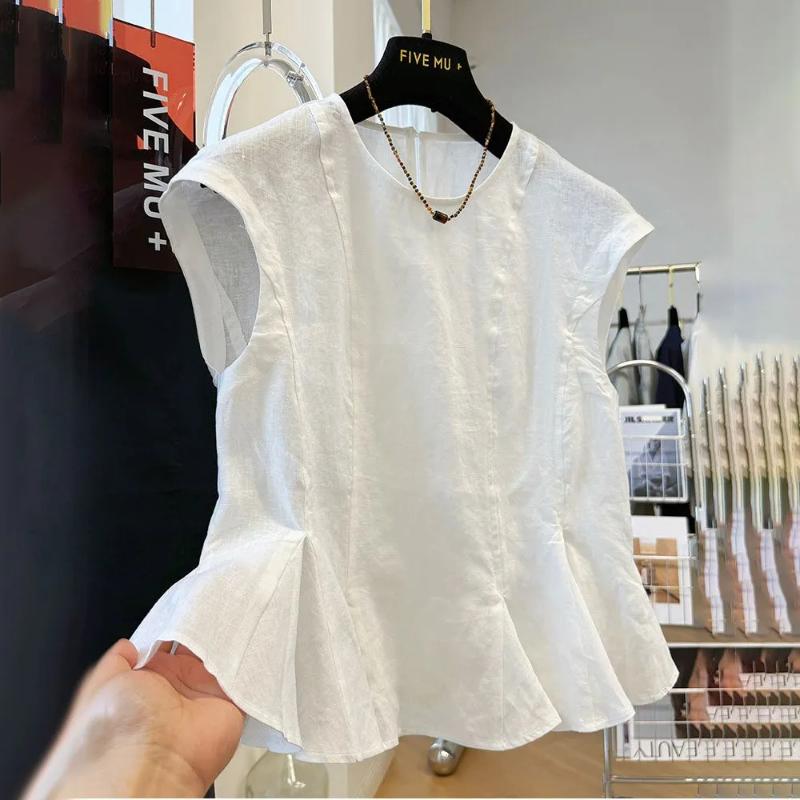 Женская синяя льняная блузка с пеплумом, без рукавов, с круглым вырезом, с оборками по подолу, повседневная