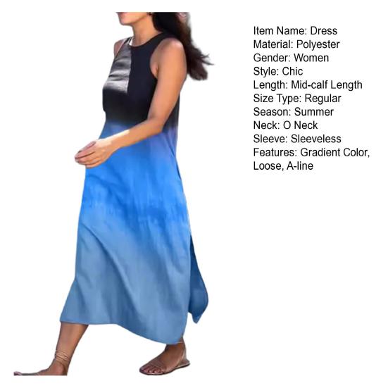 Летнее женское платье с градиентом и цветными блоками, без рукавов и с круглым вырезом, свободное до середины икры, вечерние пляжные платья миди для свиданий и отдыха