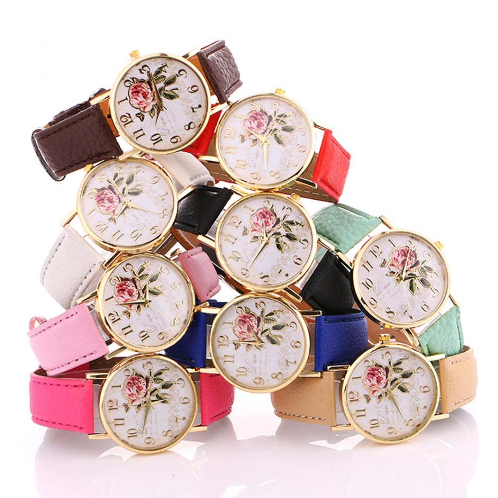 Useful Women Number Rose Flower Round Dial Faux Leather Band Quartz Wrist Watch