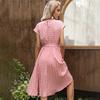 Women's Polka Dot Print Midi Dress Crewneck Short Sleeve A-Line Dress with Belt Summer