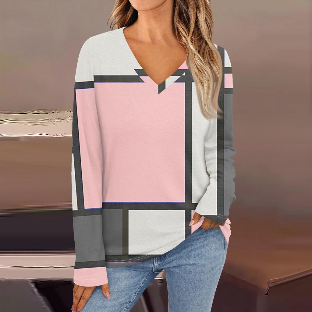 Women's Fashion Casual V Neck Long Sleeve Printed T-Shirt Ladies Top