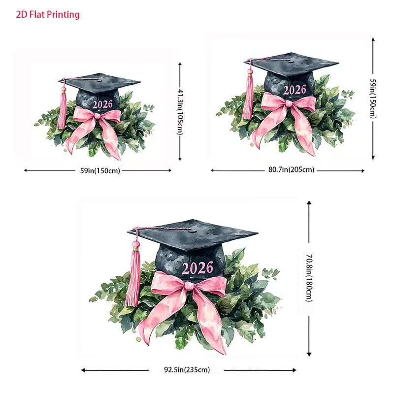2D Pink & Green Graduation Backdrop, 2026 Watercolor Cap Photo Booth Background