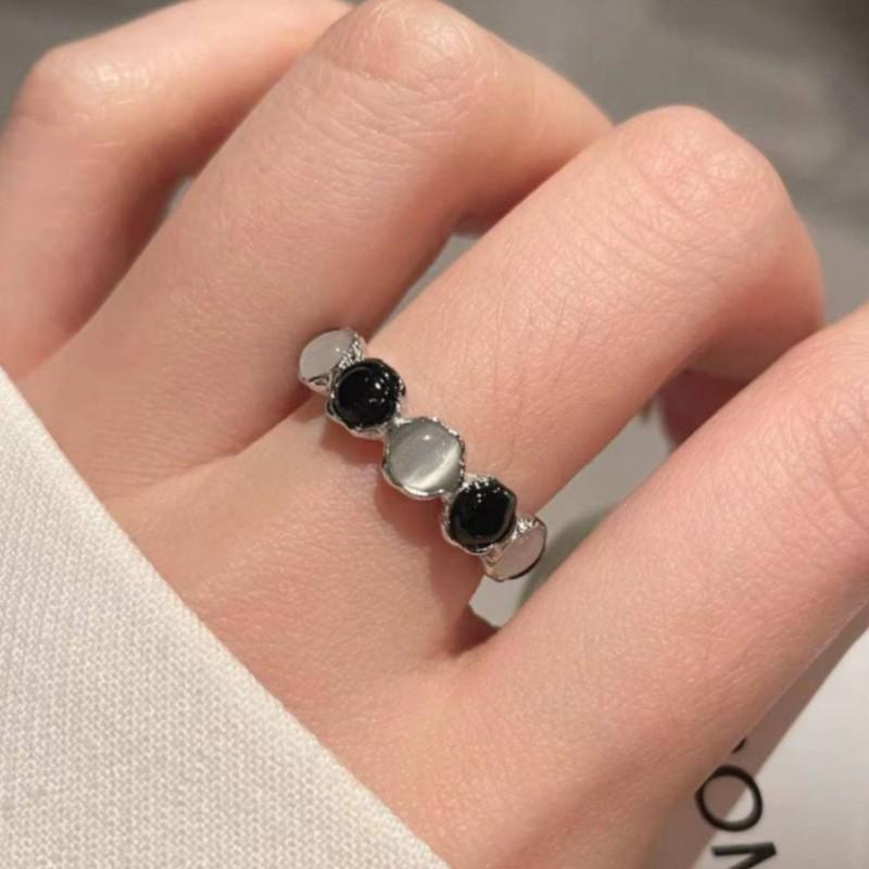 VENTFILLE Silver Color Geometry Punk Ring for Women Girl Birthday Gift Korean Irregular Open Black Agate Jewelry Dropshipping
